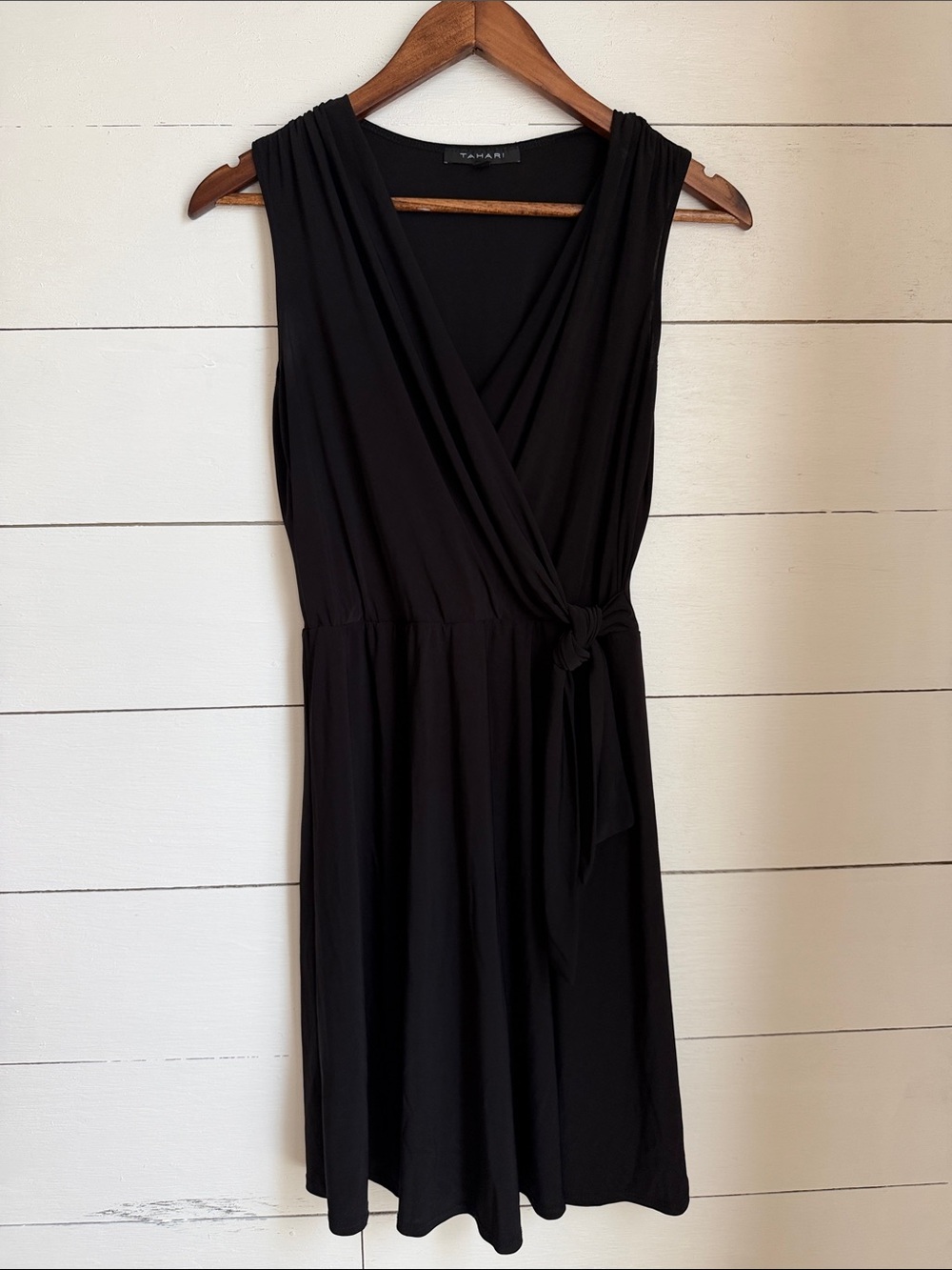 Tahari Black Sleeveless Wrap-Front Midi Dress